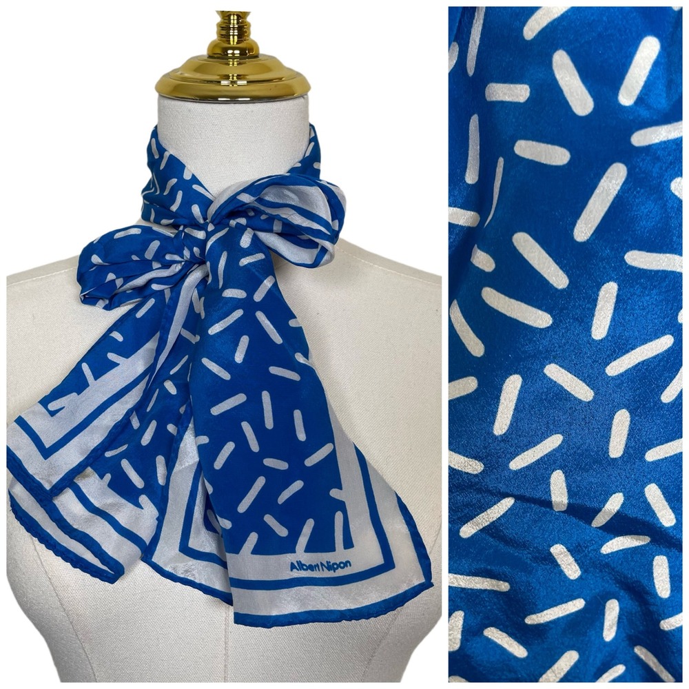 Vintage Albert Nippon Silk‎ Scarf Blue White Sprinkle Neck Purse Hair Tie Japan